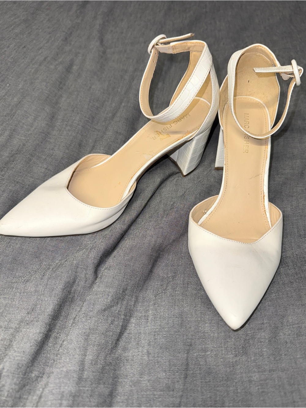 Marc Fisher White Pointed Ankle-Strap Block Heels